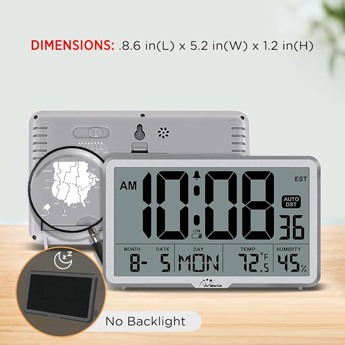 WallarGe Auto Set Digital Wall Clock Battery Operated, Desk Clocks with Temperature, Humidity and Date