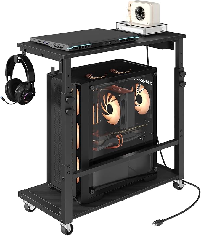 MAHANCRIS Computer Tower Stand with Power Outlet, Mobile PC Stand for Floor, Height Adjustable PC Holder Cart Under Desk, 26.6"-32.7" H, for Home Office, Gaming Room, Black PCHS216E01