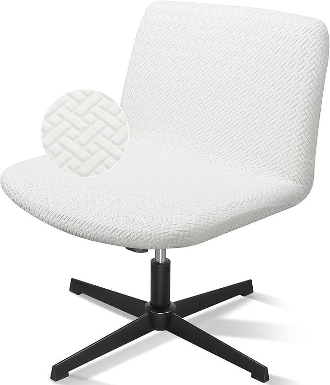 Criss Cross Chair Cover, White Slipcover Armless Office Vanity Computer Chair Cover，Stretch Mid Back Wide Seat Swivel Slipper Chairs Protector Jacquard for Bedroom（Only Covers, No Chairs）