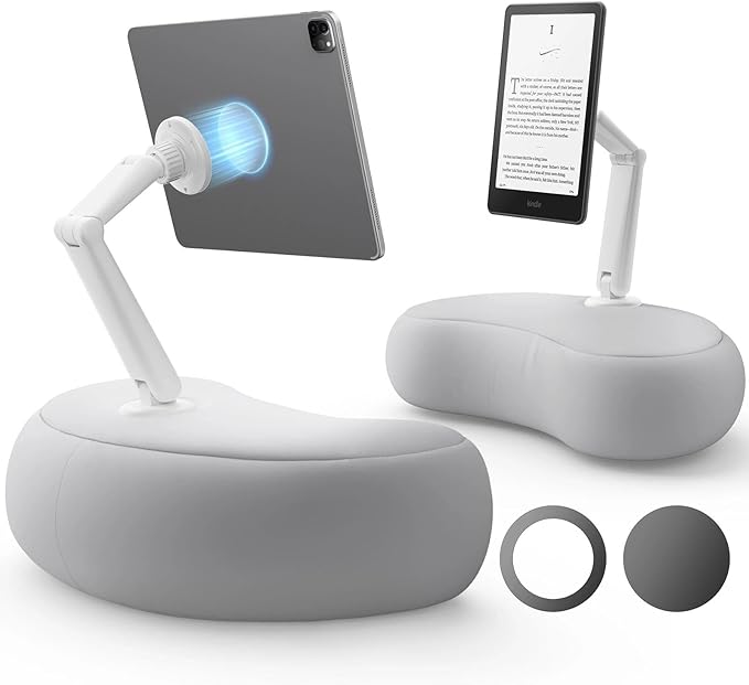 SAIJI Tablet Pillow Stand - Magnetic Kindle Holder Compatible with Kindle, Tablet, iPad, iPhone, 360° iPad Holder for Bed with Ergonomic Pillow and Dual-Jointed Arm, 2 Free Magnetic Sheets (Gray)