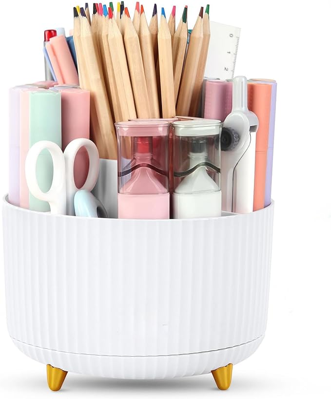 Desk Organizer Pen Holder, 5 Slots 360-Degree Spinning Pencil Organizers, Pencil Cups Desktop Storage Stationery Supplies for Office School Home,White
