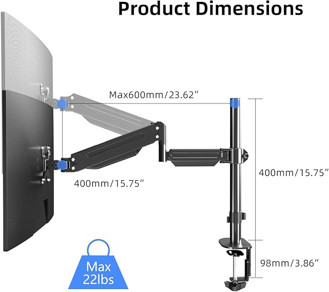 Pholiten Premium Single Monitor Arm for 13-32 Inch Computer, Holds 22 lbs,Gas Spring Monitor Stand for Desk with Swivel/Tilt/Rotation, VESA 75/100mm, Black