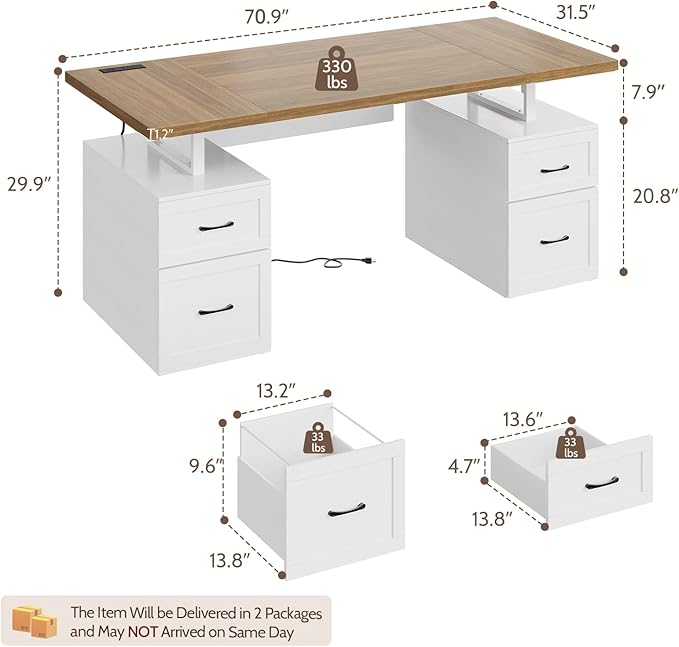Farmhouse Desk with Drawers & Power Outlet, White Home Office Desk with Adjustable File Organizer, 71" Executive Desk with Storage, Computer Desk with Privacy Panel