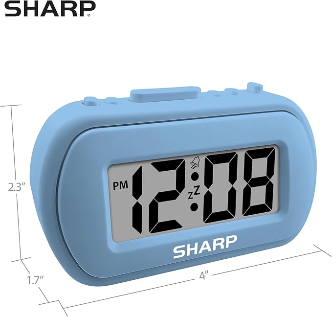 Sharp Digital Alarm Clock – Tactile Case with Soft Rubberized Finish - Battery Operated – Blue Backlight on Demand – Ascending Alarm – Easy to Use – Light Blue