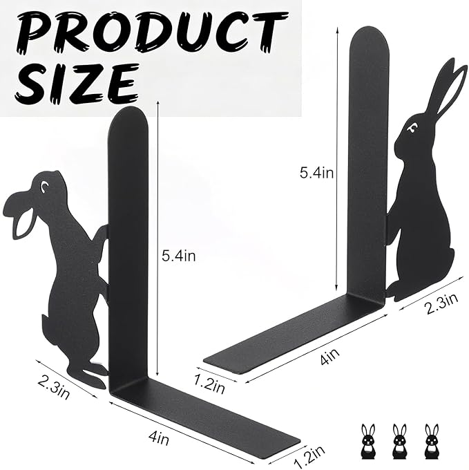 Bunny Metal Bookends for Shelves, Cute Black Rabbit Decorative Book Ends, Heavy Duty Rustproof Book Stoppers for Home Office & Study Desk, Ideal Gift for Rabbit Lovers & Book Lovers