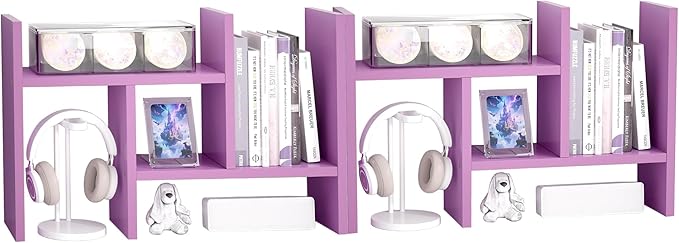 Jerry & Maggie Desktop Organizer Office Storage Rack Adjustable Wood Display Shelf Free Style Double H, Multi-Functional Mini Bookshelf for Desk Natural Stand (Violet/2 Pack)