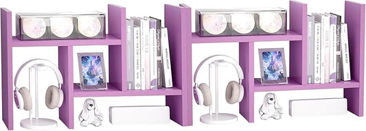 Jerry & Maggie Desktop Organizer Office Storage Rack Adjustable Wood Display Shelf Free Style Double H, Multi-Functional Mini Bookshelf for Desk Natural Stand (Violet/2 Pack)