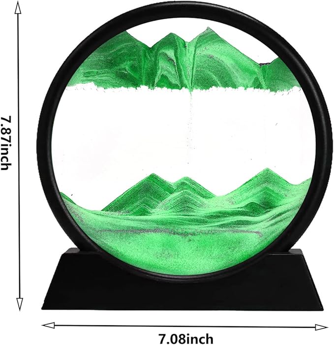 rysnwsu 3D Dynamic Sand Art Liquid Motion, Moving Sand Art Picture Round Glass 3D Deep Sea Sandscape in Motion Display Flowing Sand Painting Relaxing Desk Toys (Green, 7'')