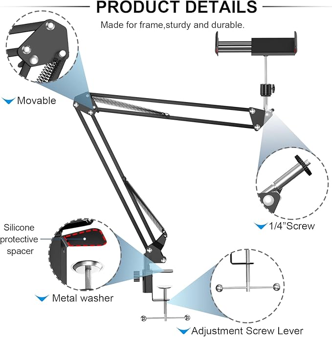 ANIVIA Articulating Arm Phone Mount, Adjustable Arm Webcam, Phone Holder for Streaming, Baking, Crafting, Compatible with 4.3-6.7 inch Devices