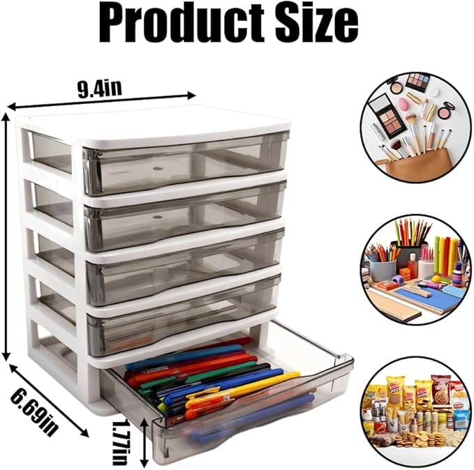 5-Layer Drawer Desktop Storage Bin Unit - Small Plastic Organizer with Clear Drawers & White Frame, Mini Container Case for Desk to Store Crafts, Accessories & Stationery