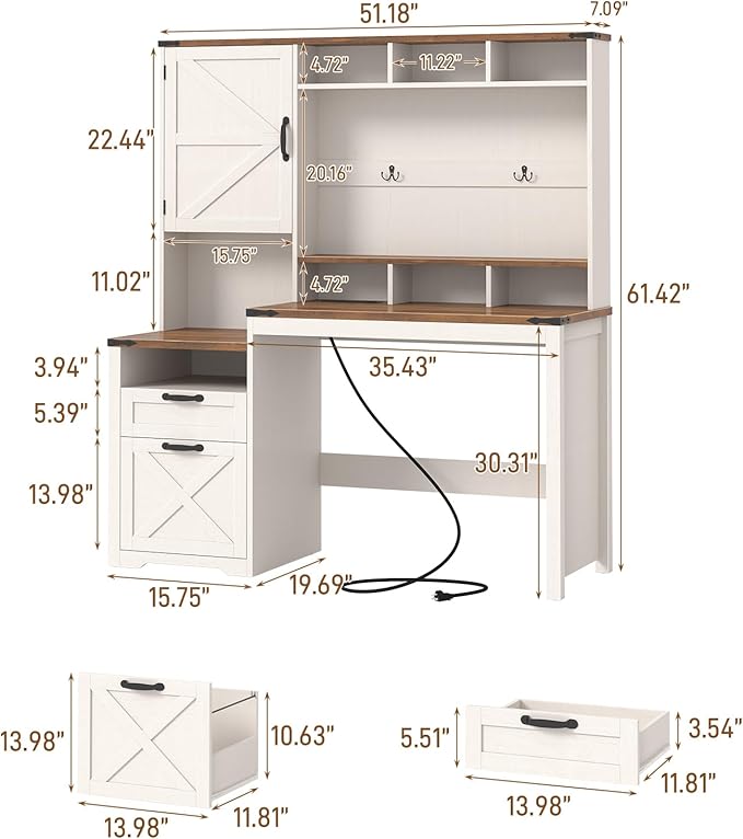 Vabches 51" Executive Desk Farmhouse Home Office Desk with Charging Station, File Drawer, Storage Cabinet, Monitor Stand, Wood Computer Desk with Hutch for Work Study Writing (Rustic White)