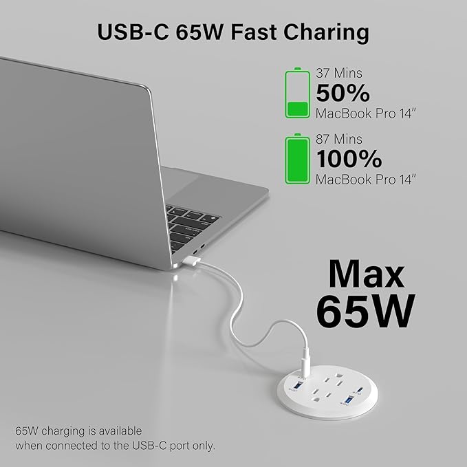 Jgstkcity Power Strip,Flush Mount Recessed Power Grommet,65W USB C Fast Charging,3-Inch Hole, 4 Outlets & 4 Ports, Ideal for Desktop & Countertop Outlet,Dual-Sided (White, 10FT)