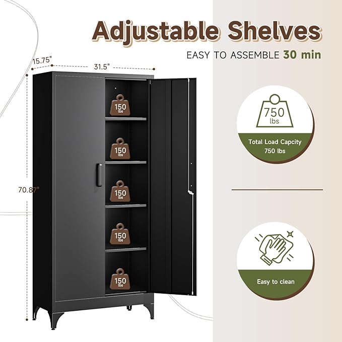 Letaya 71" H Metal Storage Cabinet with 2 Doors and 4 Shelves,Tall Kitchen Pantry Cabinets,Utility Pantry Organizers for Cupboard/Dining/Bathroom/Home Office/Garage, Steel Tool Cabinets