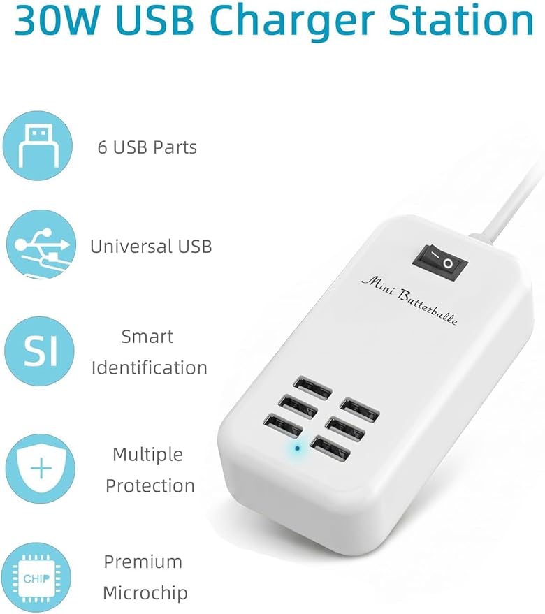 6 Port USB Charging Station, Multi Device USB Charger Hub with ON/Off Power Switch, 5ft Long Cord, Universal Fast Charging Adapter for Cell Phones, Tablets, 5V DC Electronic Devices