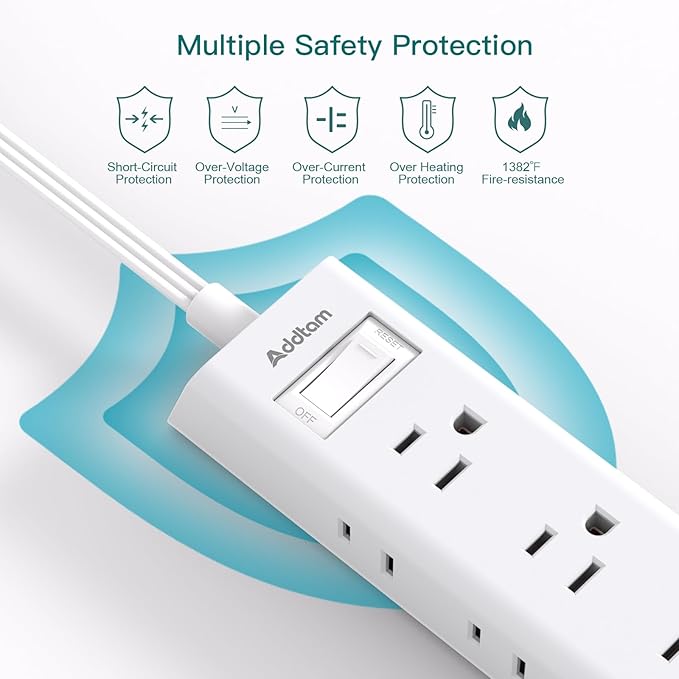 Addtam Power Strip Surge Protector with 12 Outlets, Flat Plug Extension Cord 3FT, Ultra Thin Wall Plug, 3-Side Wide Spaced Outlet Extender, Wall Mount Desk Charging Station for Home Office Dorm, White