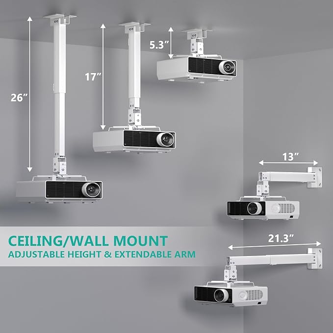 WALI Projector Mount Ceiling/Wall - Universal 3-in-1 Bracket with Extension Pole, Height Adjustable Holder for LCD/DLP Projectors, Supports up to 44lbs (PM-003-W), White