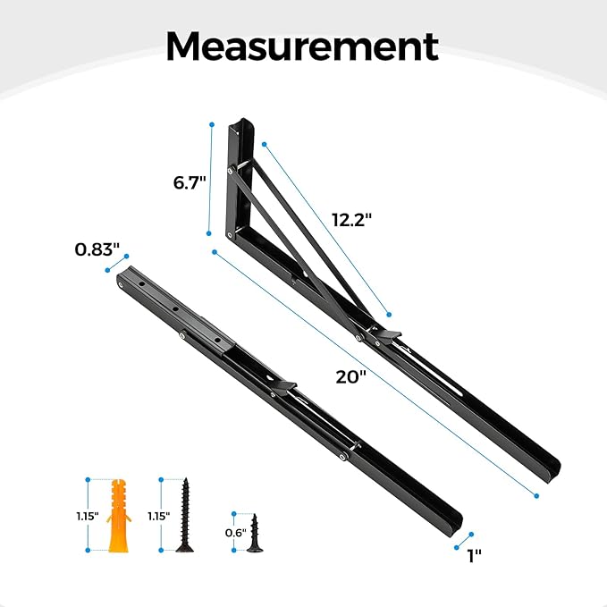 Home Expert 20 Inch Folding Shelf Brackets, 6 Pack (3 Pairs) Heavy Duty Metal Collapsible Wall-Mounted Brackets, Space-Saving DIY Foldable Shelf for Benches and Tables, Matte Black