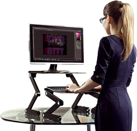 WorkEZ Adjustable Standing Desk Converter w/2 Fans & 3 USB Ports, Sit to Stand Desk Riser Monitor Standing Computer Desk, Height & Angle Negative Tilt