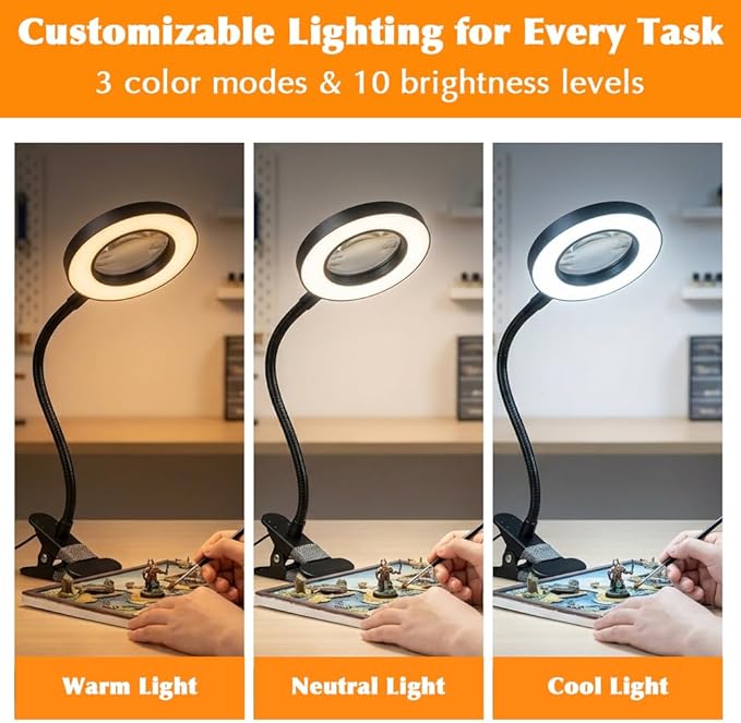 10X Magnifying Glass with Light, 2 in 1 Magnifying Desk Lamp Clip on Mganifier, 3 Color Modes & 10 Brightness Levels, USB Powered Magnifier Light for Bed Crafts DIY Repair(Size:95mm)