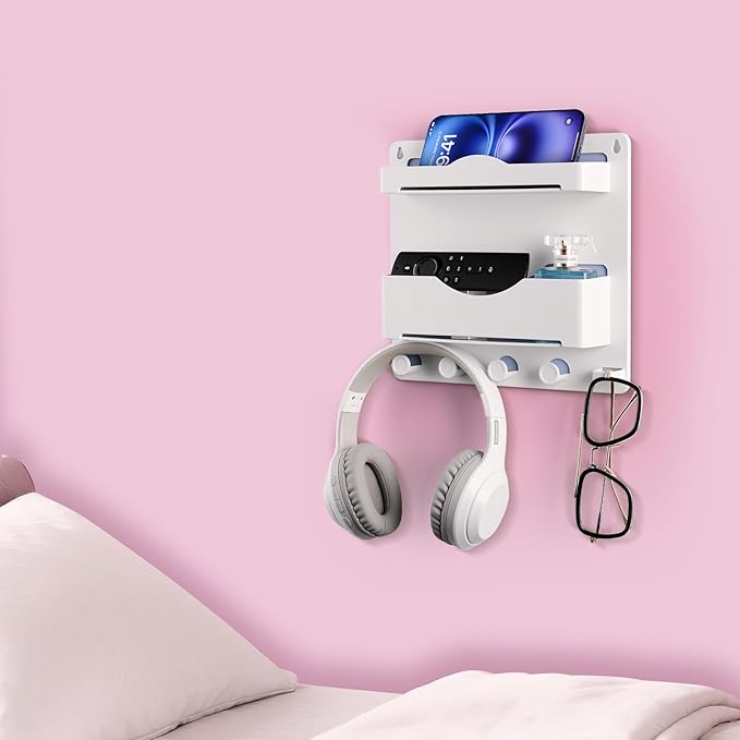 Bedside Wall Shelf with Glasses Hooks ，Adhesive Bedside Organizer Wall Mount for Dorm and Room Accessories Phone，Remote，Earphone， Kindle (White)