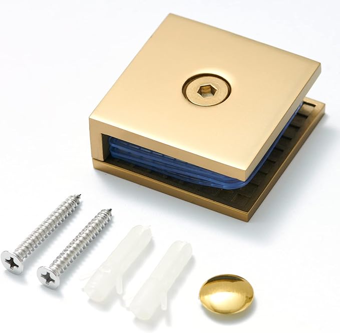 Ranbo Square Frameless Glass Clamp Connector/Shower Door Fixed Panel/Wall-to-Glass Corner Clamp,304 Stainless Steel,for 5/16" - 1/2" (8-12 mm) Thickness Glass,2 PC,Gold