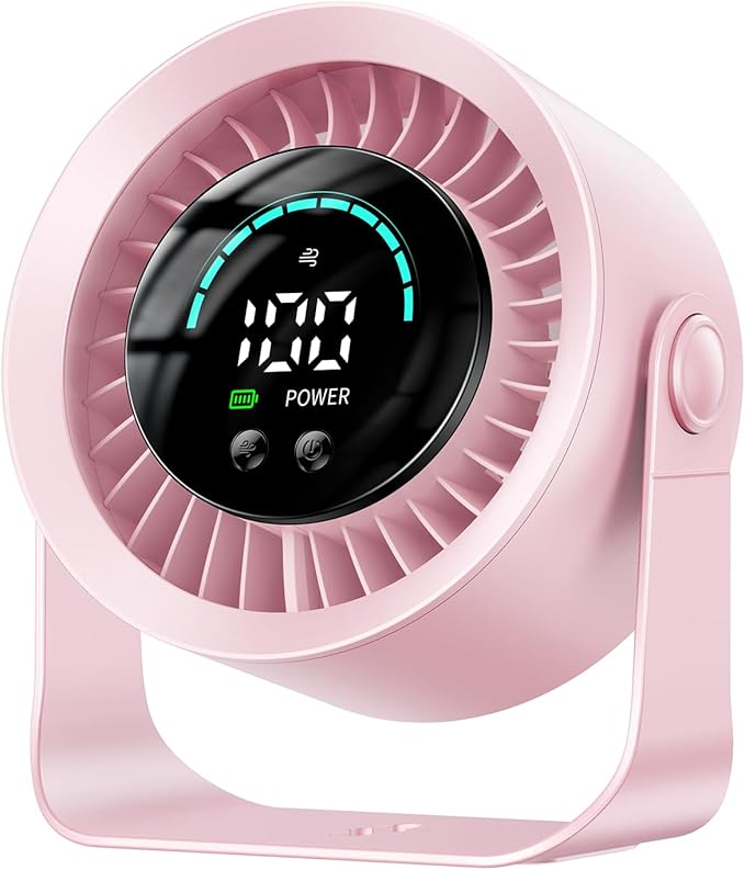 DIGIX Rechargeable USB Desk Fan for Bedroom, 100 Speeds, 360° Rotation, Wall Mounted Design Small Portable Table Fan with LED Display, Quiet Personal Desktop Cooling Fans for Home Office (Pink)
