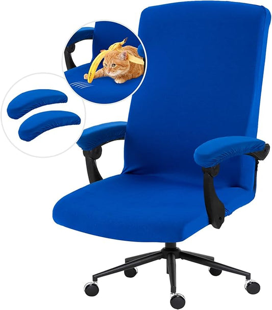 Stretch Computer Office Chair Cover with Armrest Covers Durable Zipper Universal Washable Removable Spandex Rotating Boss Chair Slipcovers Anti-dust Soft Desk Chair Seat Protector, Royal Blue