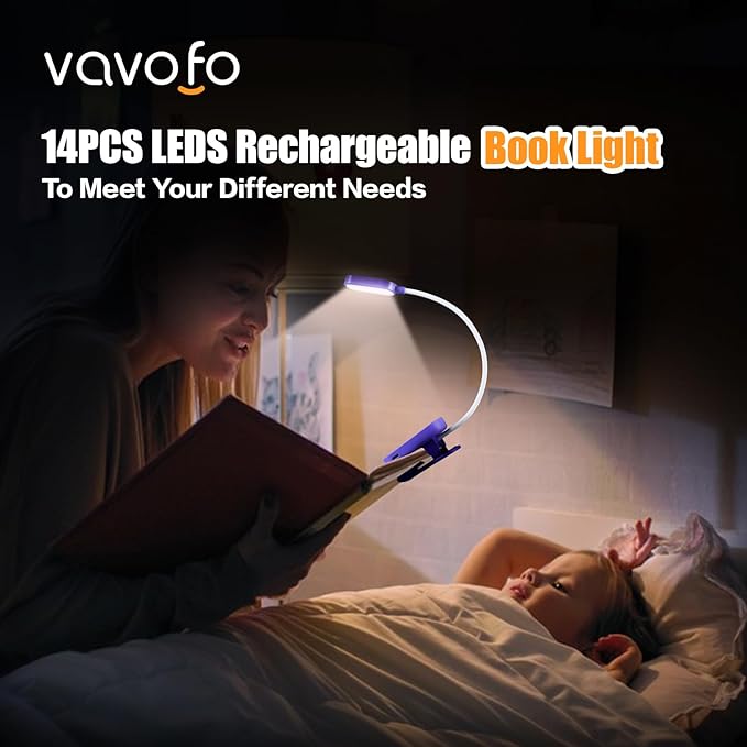 VAVOFO Rechargeable Book Light, 14 LEDs Eye Care Clip On Amber Reading Light for Bookworms Reading in Bed with 9 Colors 9 Brightness (Dark Purple)