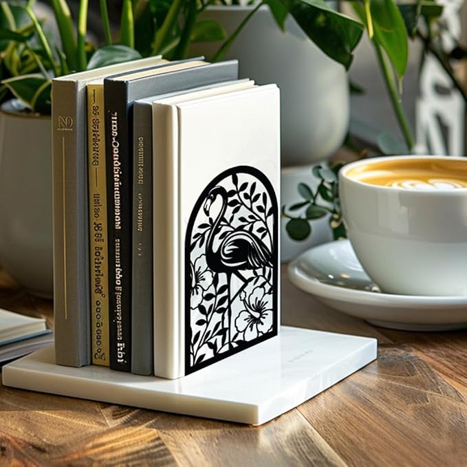 Peacoblue Metal Bookends for Shelves, Modern Decorative Heavy Duty Study Book Support Stoppers for Office, Desk, Shelf, Room 5.3"x4.3"x7.9" Cast Iron Bookends, 1 Pair (Flamingo and Tropical Plant)