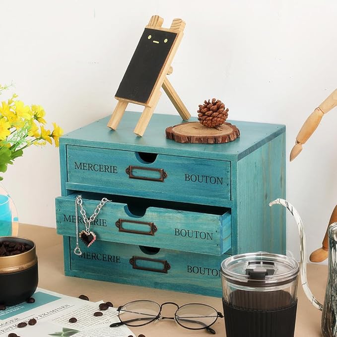 Wooden Storage Box Rustic Desktop Organizer with 3 Drawers Office Desk Accessories Shelf Small Craft Storage Containers Apothecary Cabinet and Chest Jewelry Holder for women(BLUE)