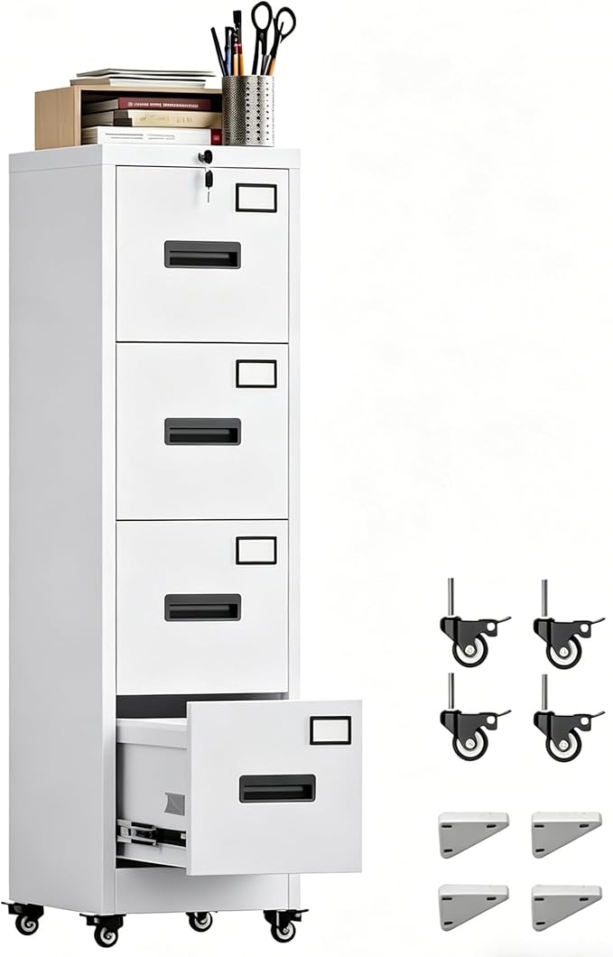 METAN 4 Drawer File Cabinet on Wheels, Lockable Metal Filing Cabinet with Handle and Name Card for Office Home,Assembly Required,White