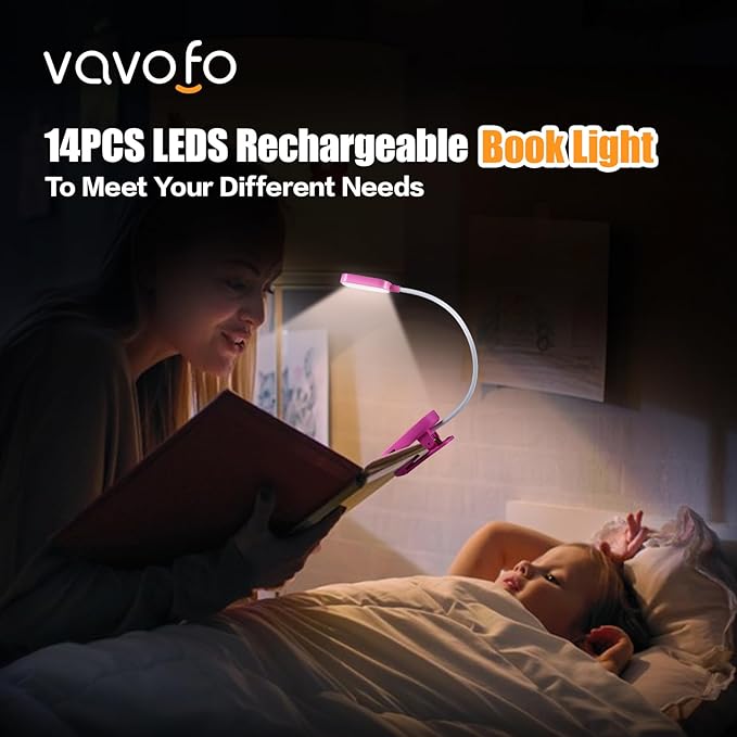 VAVOFO Rechargeable Book Light, 14 LEDs Eye Care Clip On Amber Reading Light for Bookworms Reading in Bed with 9 Colors 9 Brightness (Rose)