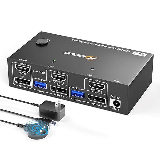 8K@60Hz HDMI Displayport KVM Switch 2 Monitors 2 Computers,USB 3.0 KVM Switch Dual Monitor for 2 Computer Share 2 Monitor and 4 USB Ports,with Wired Remote,12V Power Adapter and USB Cables