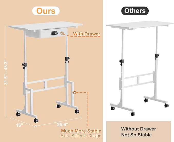 Cidaziya Adjustable Height Standing Desk for Walking Pad Treadmill, Portable Rolling Desk for Laptop with Drawer, Small Moblie Sit to Stand Desk On Wheels with Stiffener for Home Office Dorm Bedroom