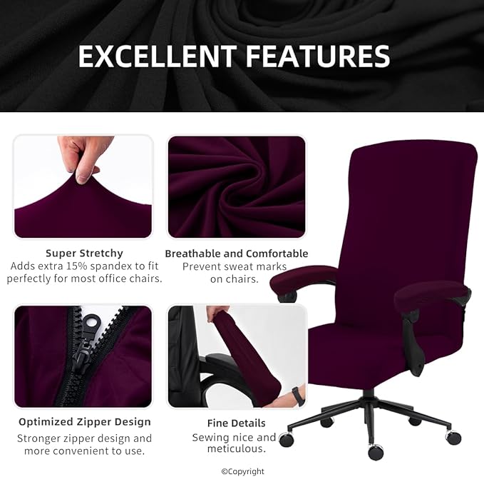 Stretch Computer Office Chair Cover with Armrest Covers Durable Zipper Universal Washable Removable Spandex Rotating Boss Chair Slipcovers Anti-dust Soft Desk Chair Seat Protector, Plum