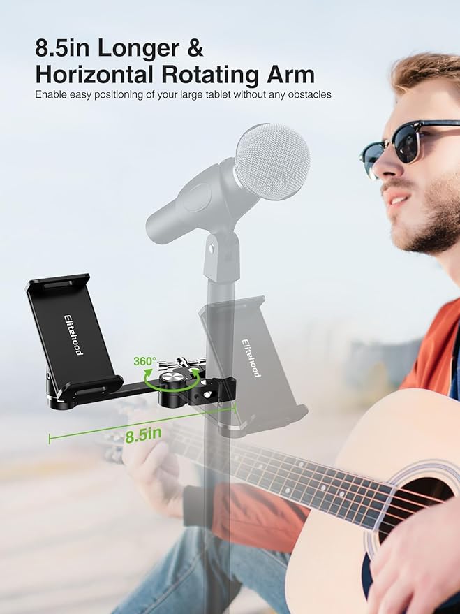 elitehood 8.5in Long Arm iPad Holder for Mic Stand, 360° Adjustable Aluminum Mic Stand Tablet Holder for Microphone & Stage Music, iPad Mount Compatible with 4-13in Tablets, iPhone and Phones
