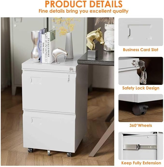 SUXXAN 2 Drawer Mobile File Cabinet with Lock, Heavy Duty Steel Under Desk Filing Cabinet for Home Office, Anti-Tip Design with 5 Casters, Assembly Required