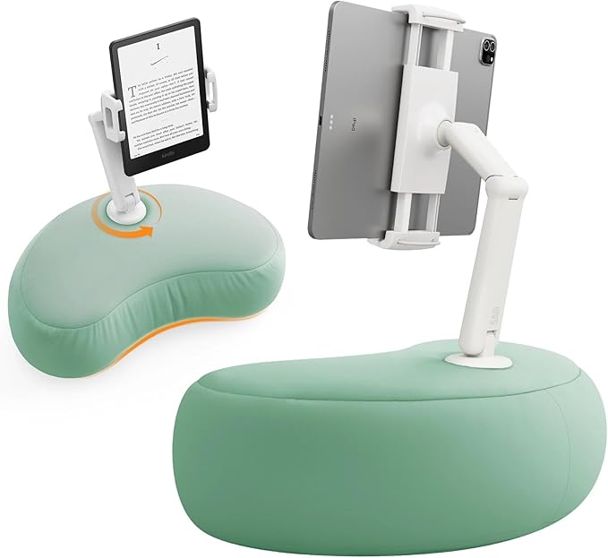 SAIJI Tablet Pillow Stand for Bed – iPad & Kindle Holder with Flexible Dual Axis Arm & Microbead Cushion, 360° Adjustable Lap Beanbag Phone Holder Fits Devices with 4.7"–15.6" Screens (Cyan)