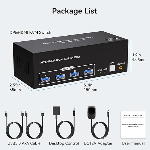 8K KVM Switch 3 Monitors 2 Computers 8K 60Hz 4K 120Hz KVM Switches HDMI+2 Displayport for Two PC Share Triple Monitor and 4 USB 3.0 Devices Support Extended and Duplicate Mode-2DP+HDMI-15.5CM
