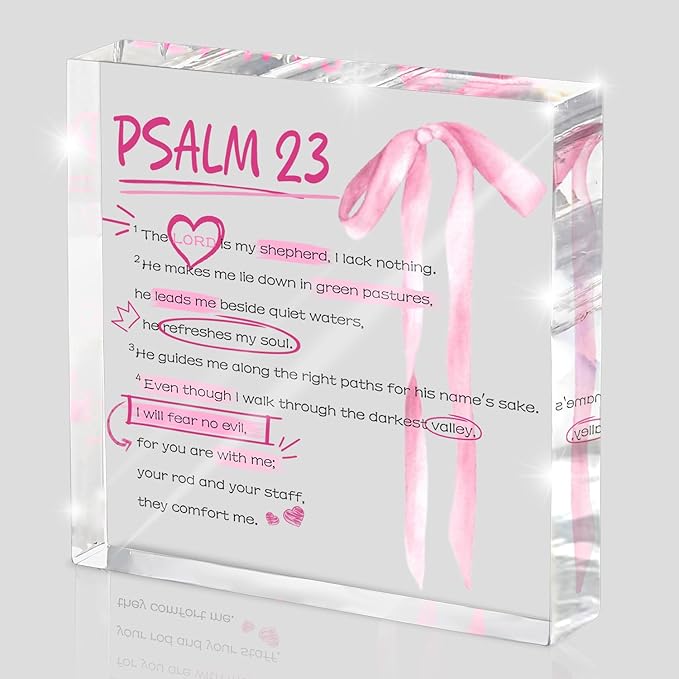 Pink Bow Room Decor, Valentines Day Decor, Inspirational Bible Verse Quotes, Christian Psalm 23 Gifts for Women, Coquette Aesthetic Bow Dorm Decoration, Acrylic Office Desk Accessories Decoration