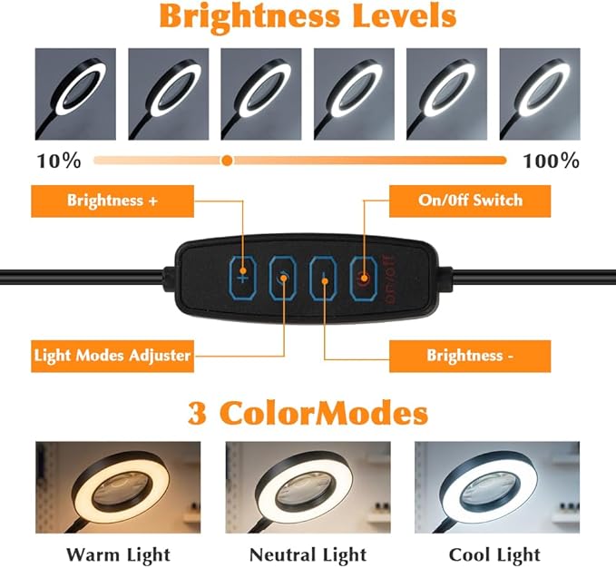 10X Magnifying Glass with Light, 2 in 1 Magnifying Desk Lamp Clip on Mganifier, 3 Color Modes & 10 Brightness Levels, USB Powered Magnifier Light for Bed Crafts DIY Repair(Size:120mm)
