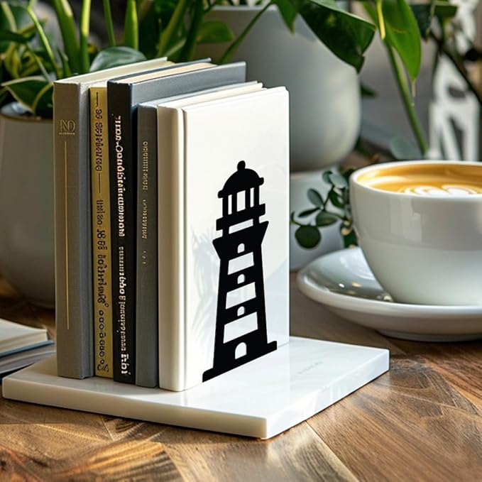 Peacoblue Metal Bookends for Shelves, Modern Decorative Heavy Duty Study Book Support Stoppers for Office, Desk, Shelf, Room 5.3"x4.3"x7.9" Cast Iron Simple Tall Bookends, 1 Pair (Lighthouse)