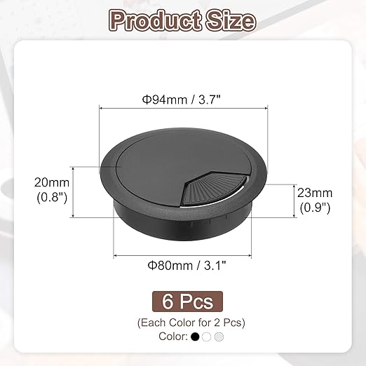 PATIKIL 3.1 Inch/80mm Desk Grommet, 6Pcs Cable Grommet Wire Management Cable Hole Cover Cord Organizer for Office Home Table Countertop, White/Black/Silver