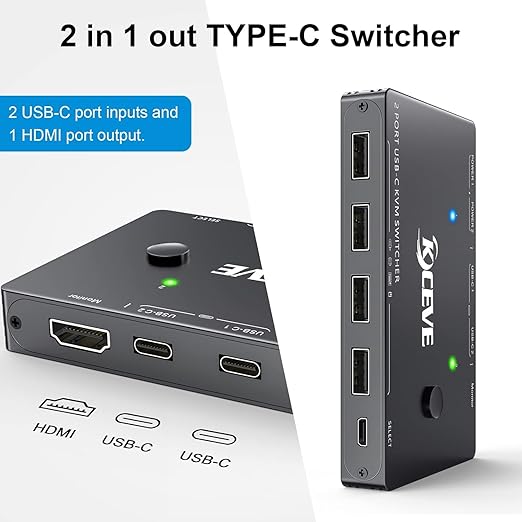 USB-C KVM Switch 2 Monitors 1 Computer, 2 Ports Type-C USB-C Switcher Support 4K@60Hz for 2 PC Share Keyboard Mouse and Monitor, Suppprt PD Fast Charging