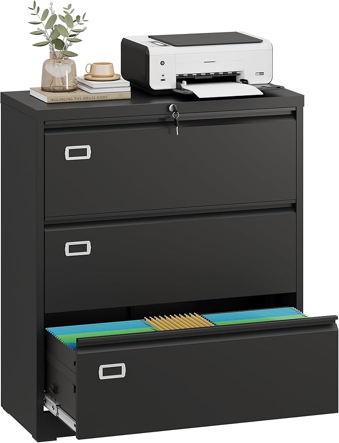 DEVAISE 3 Drawer Metal File Cabinet, Wide Lateral Filing Cabinet with Lock for Home Office Organization Hanging Files Letter/Legal/F4/A4 Size (Black, Assembly Required)
