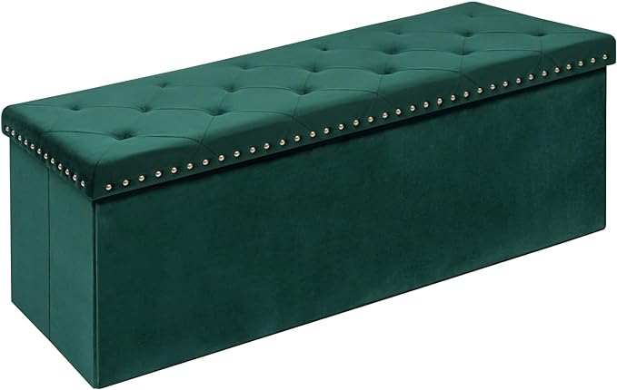 PINPLUS Storage Ottoman Bench for Bedroom, Green Ottoman Folding Velvet Chest with Benches Foot Rest Stool, Large Long Foldable Chest for Entryway Living Room, 43.3"x15.7"x15.7"