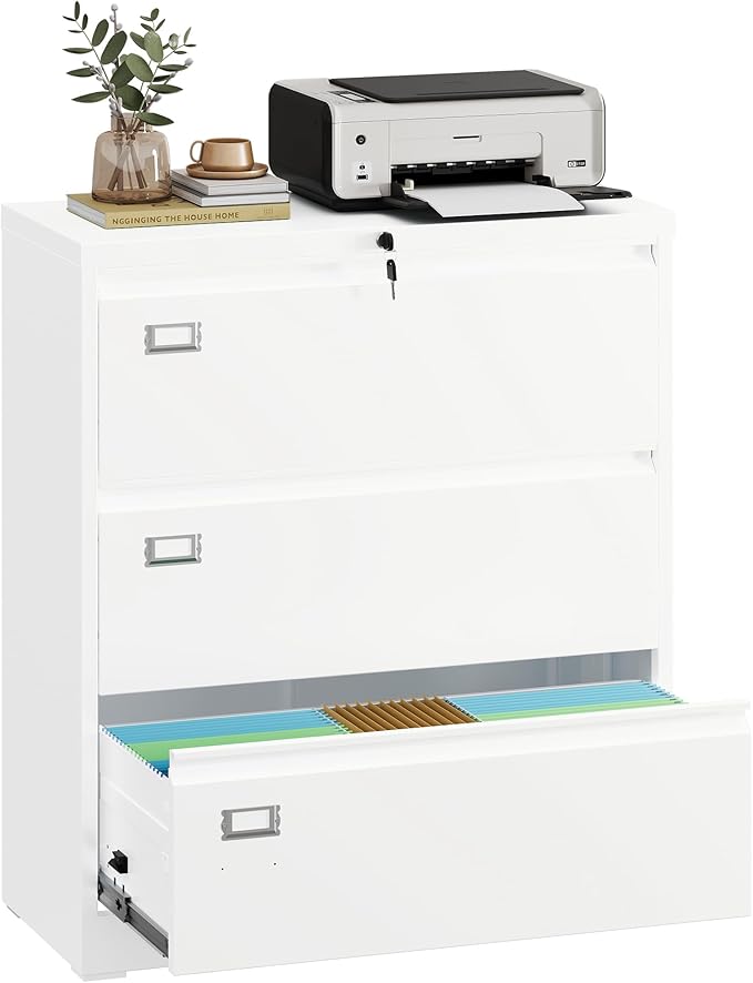 DEVAISE Metal Lateral File Cabinet with Lock, 3 Drawer Filing Cabinet with Business Card Holder, Suitable for Home Office School Hanging Files Letter/Legal/F4/A4 Size, White