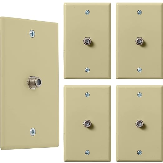 Newhouse Hardware 1-Port TV Cable Wall Plate, F Connector, for Coax Cable, Single Gang Video Wall Jack, 5-Pack, Ivory