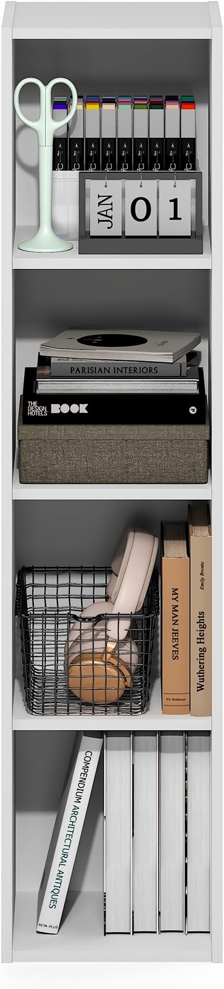 Furinno Fulda Book Shelf, 4-Tier Narrow Bookshelf, Standing Bookcase with 10-in Width Storage Shelf, 9.3 x 9.8 x 41.6, for Organization and Storage, for Living Room, Bedroom, Home Office, White