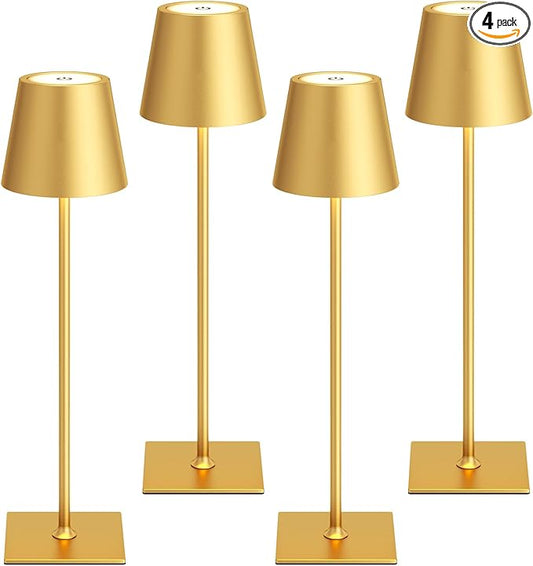 Kakanuo Gold Cordless Rechargeable Table Lamp 5000mAh Battery Operated Lamps, 3 Colors Stepless Dimming Touch Lamp for Dining, Living Room, Outdoor Patio, Kitchen Counter, 4 Pack